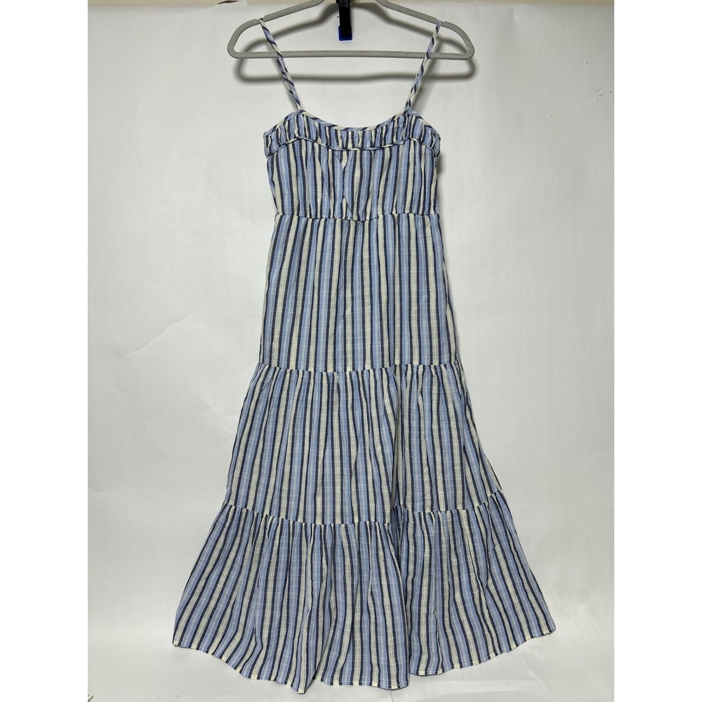 New Aerie Midi Dress Womens XXS Blue White Striped‎ Tiered Smocked Coastal Boho - Picture 2 of 11